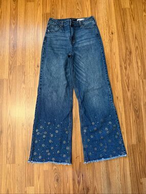 BCBGeneration Women's Ultra High Rise Wide Leg Studded Denim Jeans Blue Size 29